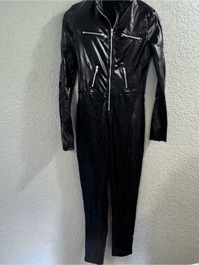 Black Faux Leather Zippered Jumpsuit